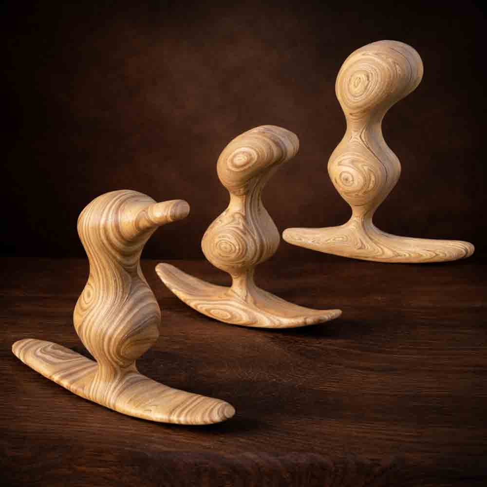 Drei handgefertigte Holzunikate „Der Prostator“ in unterschiedlichen Größen auf warmem Holzuntergrund