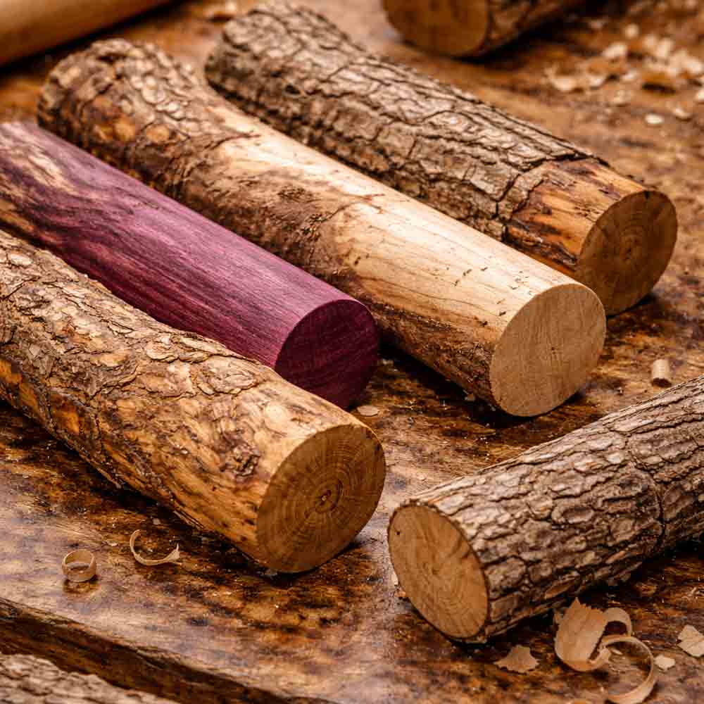 Mehrere rohe, naturbelassene Holzrohlinge mit Rinde auf einer Werkbank, unterschiedliche Holzarten mit sichtbarer Maserung.