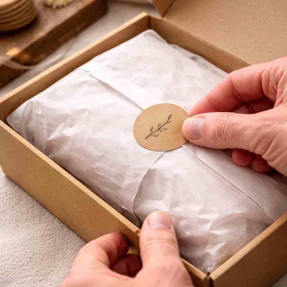 Sorgfältig verpacktes Produkt in einer schlichten Kartonbox, umhüllt von Seidenpapier und mit einem dezenten Siegel verschlossen.